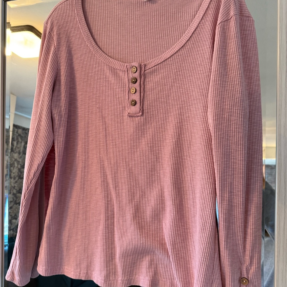 Pink Ribbed Button-Down Women's Top